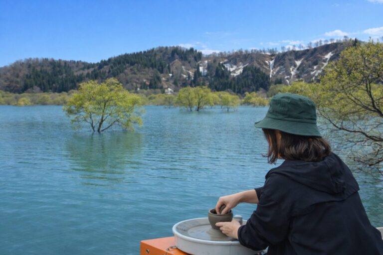 【山形・置賜】春限定の絶景「白川湖の水没林」を眼前に、電動ろくろ陶芸体験！「アルカディア陶芸リトリート 第4弾」5/16・17開催のメイン画像