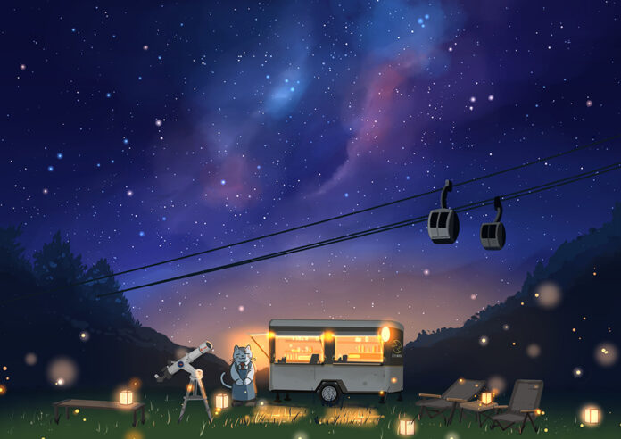 キンコーズ　満月珈琲店 新作イラスト「七夕・天の川」で星空の世界を紹介　～「日本一の星空が誘う 阿智村への旅」6月23日からツクル・ワーク新宿で展示～のメイン画像