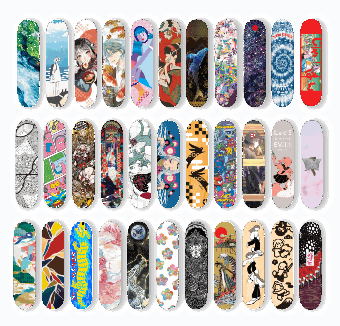 スケボーデッキが“推し活”のキャンバスに。創業43年のプリントメーカーが、32名のアーティストと「日本文様」をアップデート。デザフェスvol.62で新提案。のメイン画像