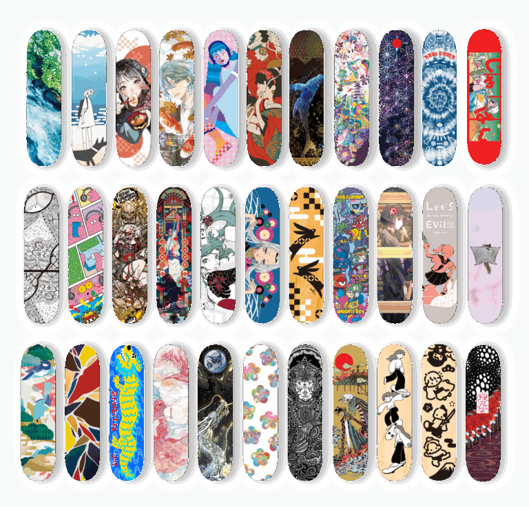 スケボーデッキが“推し活”のキャンバスに。創業43年のプリントメーカーが、32名のアーティストと「日本文様」をアップデート。デザフェスvol.62で新提案。のメイン画像