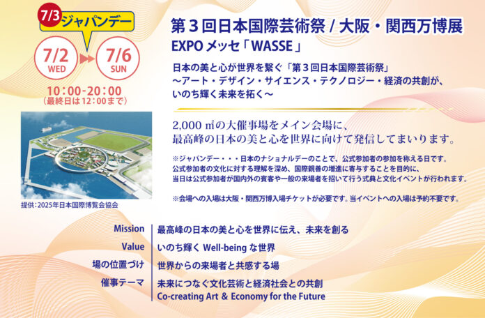 大阪・関西万博会場 EXPO メッセ「WASSE」にて開催！2025.7.2(水)～7.6(日)第３回日本国際芸術祭/大阪・関西万博展 「世界を繋ぎ、未来を創るアート」Bゾーン出展ご紹介のメイン画像