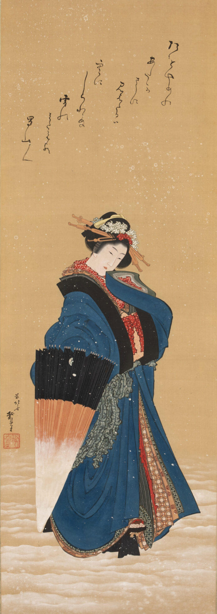 葛飾北斎 肉筆浮世絵「雪中美人図　蜀山人賛」　　　　　　　　　　ワールドレコードとなる6億2,100万円で落札のメイン画像