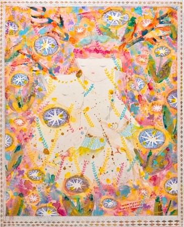 【銀座 蔦屋書店】画家・やましたあつこが描く“邪魔のない幸せ”。個展「王国のベール」を2月19日（土）より開催。のサブ画像1_once upon a time  50号　  2022年    パネルに和紙、岩絵具、ペン、色鉛筆、透明水彩