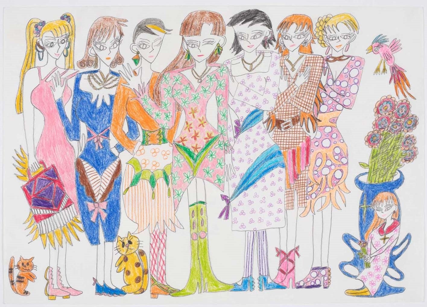 ＜きょうと障害者文化芸術推進機構　art space co-jin企画＞「チカとチエコとセイコのアパッショナート」開催！のサブ画像5_桝田千恵子《ファッションショー1　美少女》 2020年｜255×362mm｜鉛筆、色鉛筆、紙
