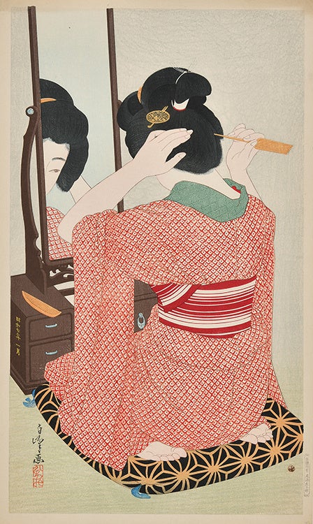 【茅ヶ崎市美術館】11月6日まで開催中！展覧会「THE 新版画　版元・渡邊庄三郎の挑戦」のサブ画像5_平野白峰《対鏡（鏡の前）》 昭和7年（1932）