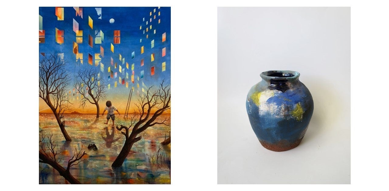 【OIL by 美術手帖】アーティストの対談連載企画「DIALOGUE for ART」。第9弾はNYを拠点に活躍する岡安秀士とShino Takedaのサブ画像2_左：岡安秀士《Inside in a Mind》2022、右：Shino Takeda《あの土地に星と緑を》2022