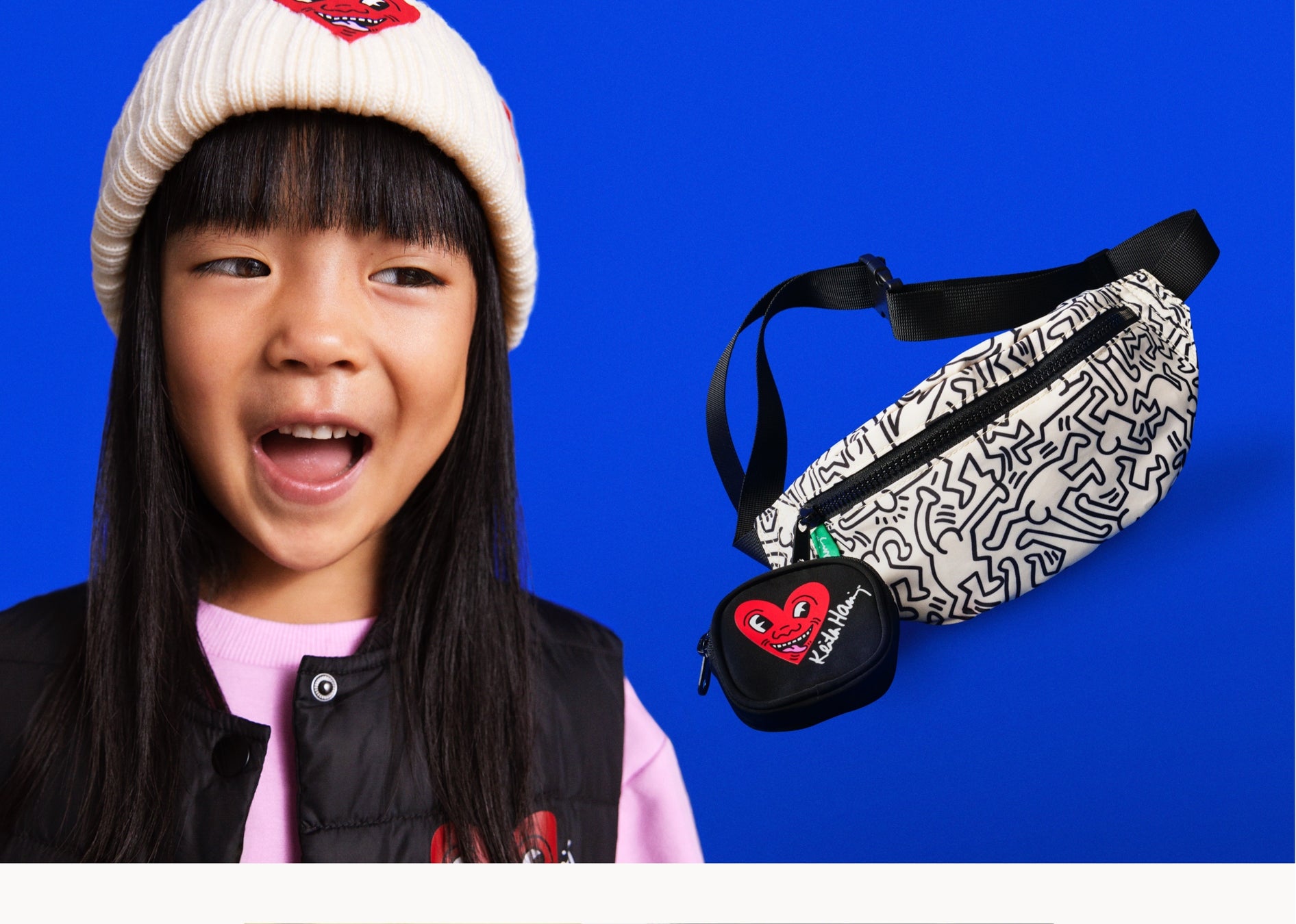 H&Mキッズから、キース・ヘリングのプリントとコラボレーションをした最新コレクションを発表のサブ画像2_H&Mキッズ「Keith Haring x H&M（キースへリング x エイチ・アンド・エム ）」コレクション：左からリブニットキャップ￥1,799 プリントスウェットワンピース￥1,999 ベスト(日本展開なし) 右 プリントウエストバッグ￥1,999
