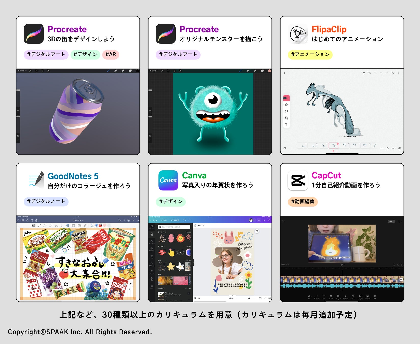 これからの時代に求められる創造力をiPad1台で学ぶ「SPAAK Kids Creative School（スパークキッズクリエイティブスクール）」が正式開校のサブ画像2_カリキュラム例