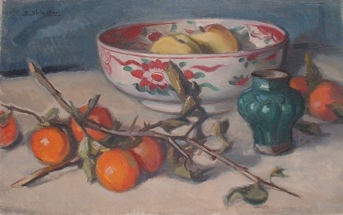 【MU合同企画展】かつて描かれた「食」のシーンと、今を生きる「食」のプロフェッショナル、両者の出会いから生まれたここだけの企画展を開催。のサブ画像2_霜島 之彦「（静物）柿と陶器」（佐倉市立美術館所蔵）