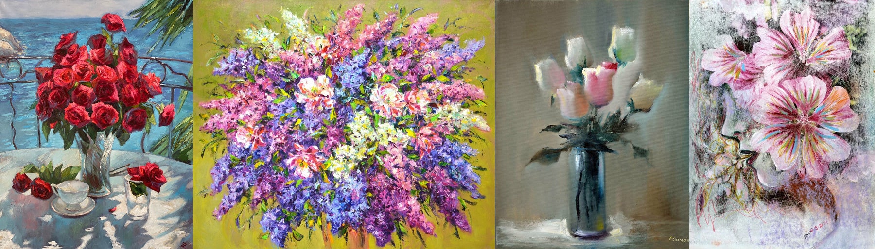 想い出の花束を、画家の手で描き下ろすNFTアートへ。結婚式や卒業式など折々の記念日を彩る花々を、唯一無二のNFTアートとして半永久的に保存しませんか？のサブ画像2_左からAnechka／Irina Mask／J.Lu／RAMZI（敬称略）のフラワーアート作品