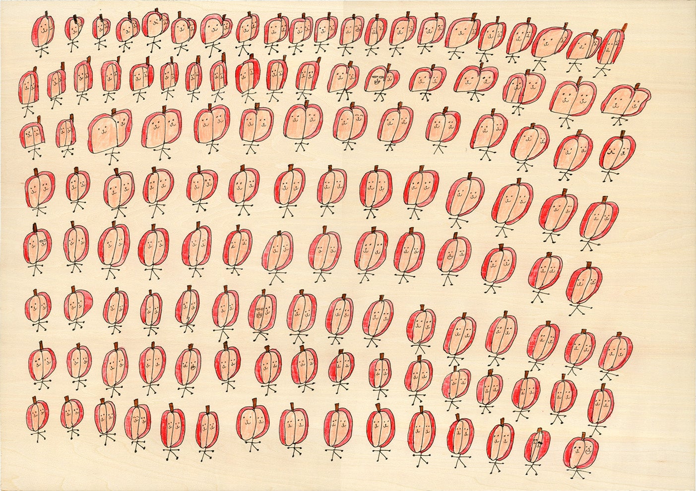 ギャラリー インカーブ | 京都が、日本最大級の国際的なアート市場「アートフェア東京2023」に出展。のサブ画像4_はんぶんにきられてふたつのかおになったリンゴ　かおがちがうリンゴをさがしてね　 ペン、色鉛筆／ベニヤ板　2022　382×542 mm