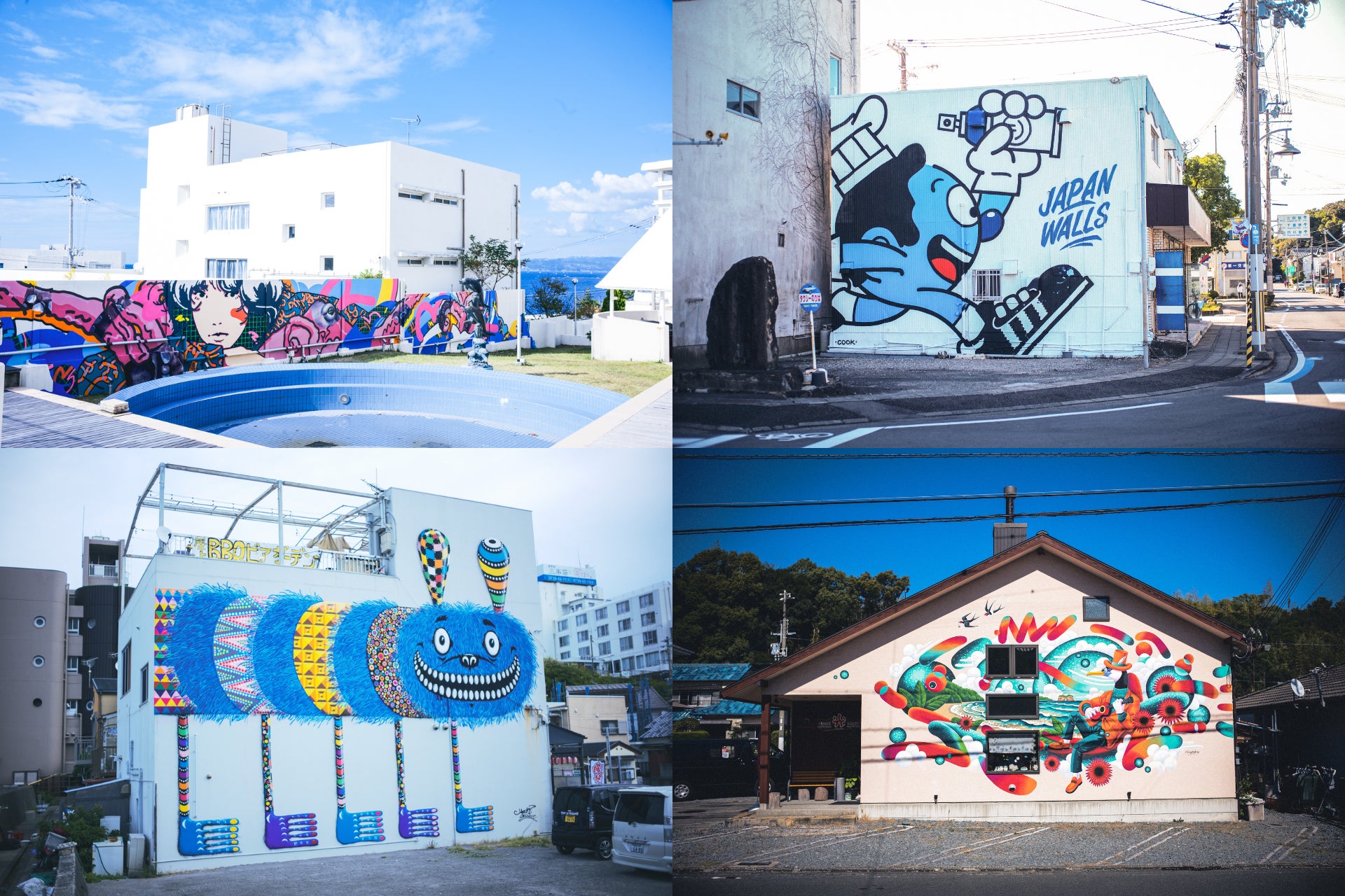 「JAPAN WALLS 2023 in SHIRAHAMA」３度目の連続開催決定！世界のアートカルチャーシーンの一翼を担うアーティストが「和歌山県・白浜町」に集結のサブ画像3_左上：TOWMEI LINE　左下：YOSHI47、右上：COOK、右下：GRAVITY FREE （2021年、2022年に制作したミューラル）