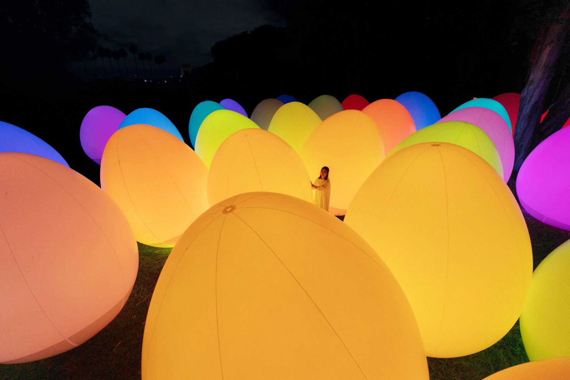 「チームラボ 金沢城 光の祭」9月30日(土)オープン。夜の金沢城の五十間長屋や石垣、木々などが、永遠に変化し続ける光のアート空間に。のサブ画像3_光の卵形体は人に押されたり、風に吹かれたりして倒れると、立ち上がりながら光の色を変え、色特有の音色を響かせる。チームラボ《自立しつつも呼応する生命と呼応する木々》© チームラボ