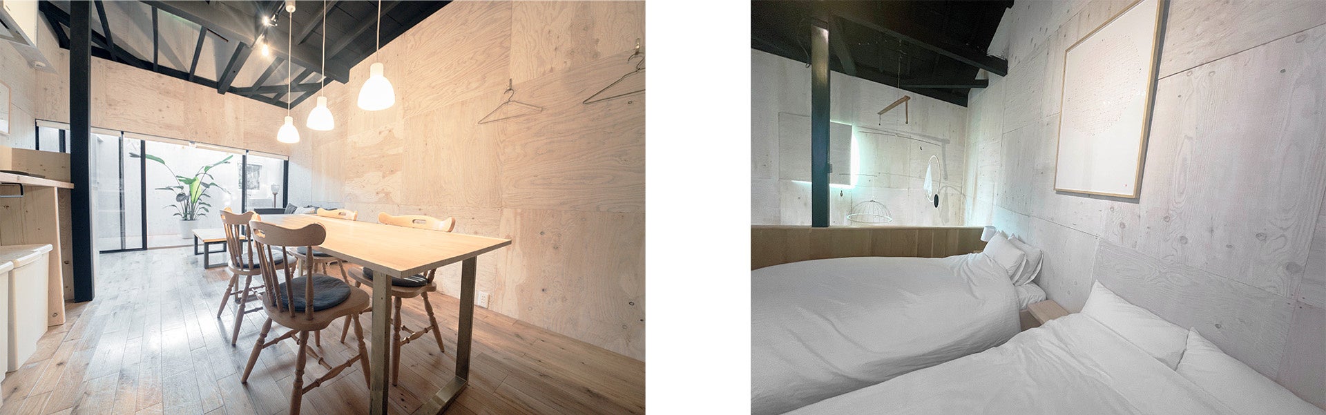金沢にアーティスト坂野充学による分散型ホテル「ARTS ＆ STAY Kanazawa」グランドオープンのサブ画像6_【左】貸切宿KASUKAのリビングスペース　【右】2 Fの客室ではアート作品を鑑賞しながら眠りにつくことができる。
