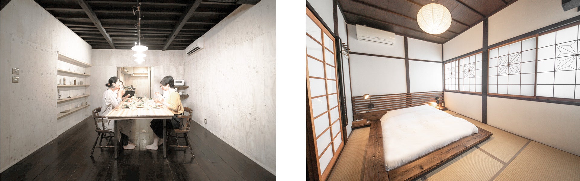 金沢にアーティスト坂野充学による分散型ホテル「ARTS ＆ STAY Kanazawa」グランドオープンのサブ画像9_【左】築100年の町家をリノベーションした貸切宿YADOSU。　【右】焼杉加工したハンドメイドのベッドフレーム