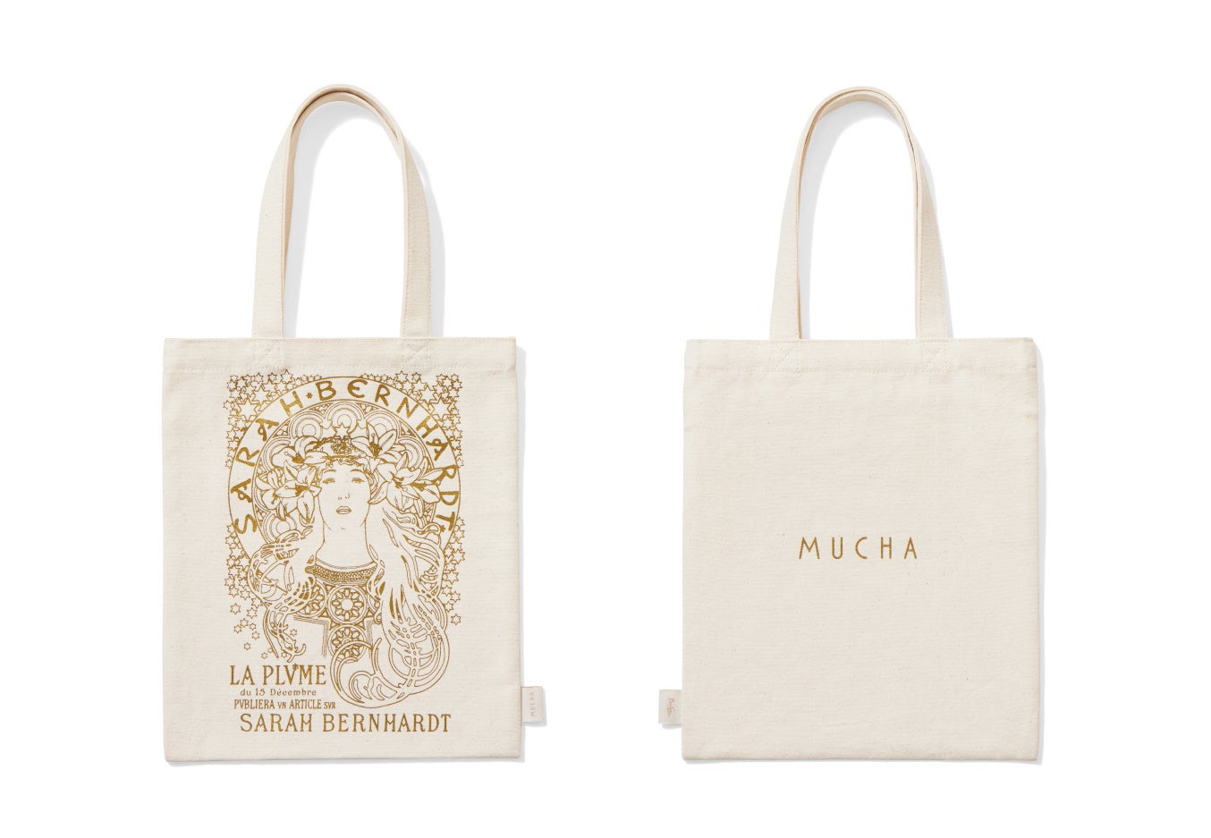 【MUCHA(ミュシャ)】10月17日(火)京都髙島屋S.C.[T8]店オープン。京都店限定ノベルティ「ミニ ミュージアム トートバッグ サラ・ベルナール」も数量限定でご用意のサブ画像2_（左）表面、ミュシャの人気作『サラ・ベルナール』（右）裏面、ブランドロゴ