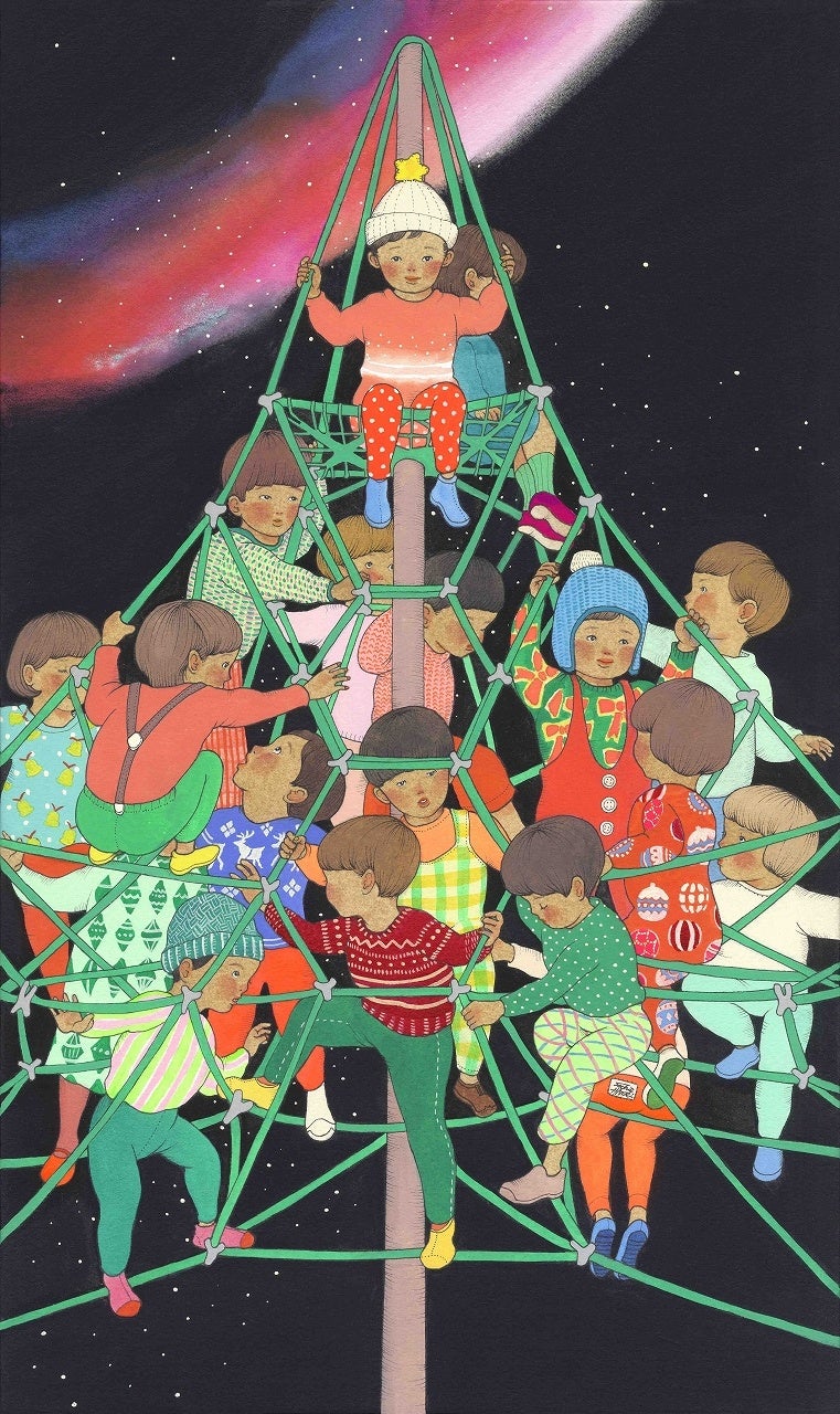 フランスで絵本作家としてデビューした、はっとりさちえの絵画展 あの子のスキップがきこえる を開催のサブ画像1_「彼らのステップは福音-クリスマスツリー-」　　　　　　　　　　M8　原画　352,000円(税込)　©SACHIE HATTORI