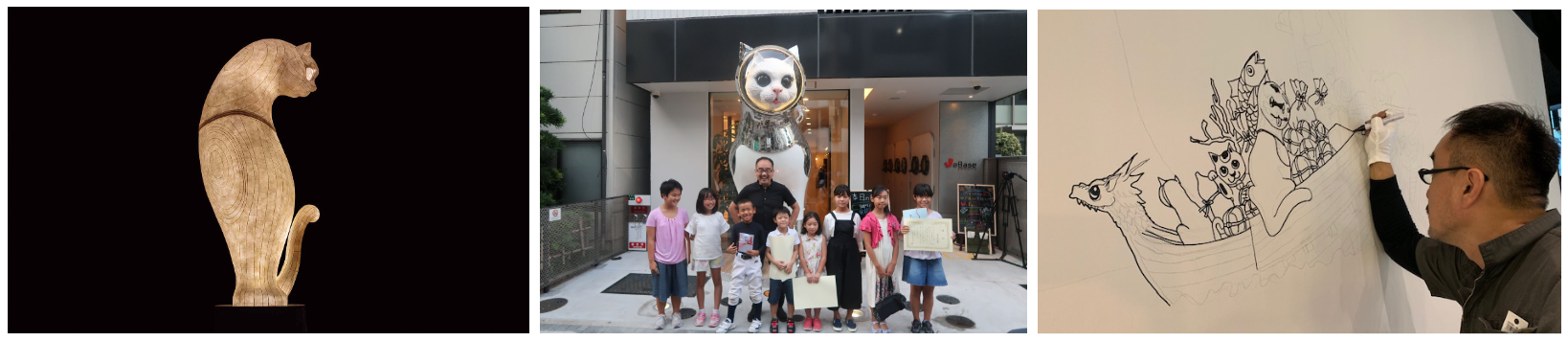 銀座から飛び出す400匹の宇宙猫「BIG CAT BANG」が話題。宙を舞う希望の旅の守り神「SHIP'S CAT」と旅するオンラインフォトコンテストが開始、5月31日までのサブ画像6_左：SHIP’S CAT （Totem）‐WeBase 京都、中央：ヤノベ氏とSHIP’S CAT愛称募集コンテスト大賞／入賞の子供たち‐WeBase 博多、右：SHIP’S CAT （Hiroshima Story） 制作時のヤノベ氏‐WeBase 広島