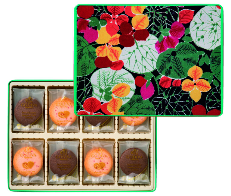 「京都国立近代美術館 限定ギフト ＜ゴディバ＞プリント服地見本［あじさい］ラングドシャクッキーアソートメント （あまおう苺＆ホワイトチョコレート14枚 / ダークチョコレート16枚）」のメイン画像