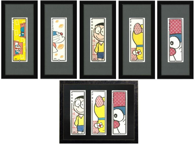 大人気ドラえもん浮世絵！小型ながらも本物の木版画の風合いと背景を彩る伝統文様のグラフィックが美しい「ドラえもんミニ浮世絵札シリーズ」を蔵出し！のメイン画像