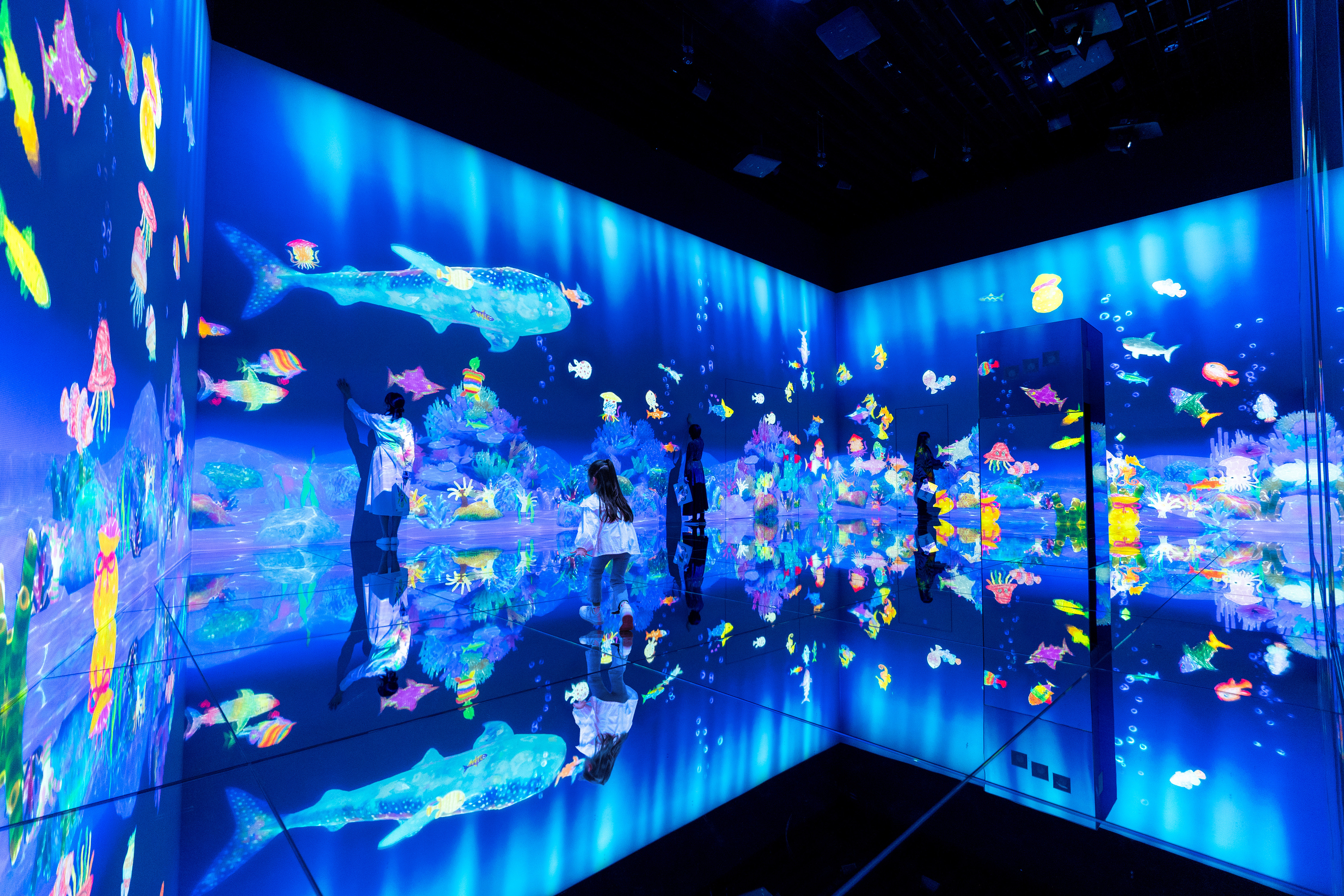 チームラボボーダレス（東京・麻布台ヒルズ）、紙に描いた魚が泳ぎだすスケッチオーシャン。描いた魚は、チームラボスケッチファクトリーで、生産して持ち帰れます。のサブ画像1_チームラボ《スケッチオーシャン》©︎ チームラボ