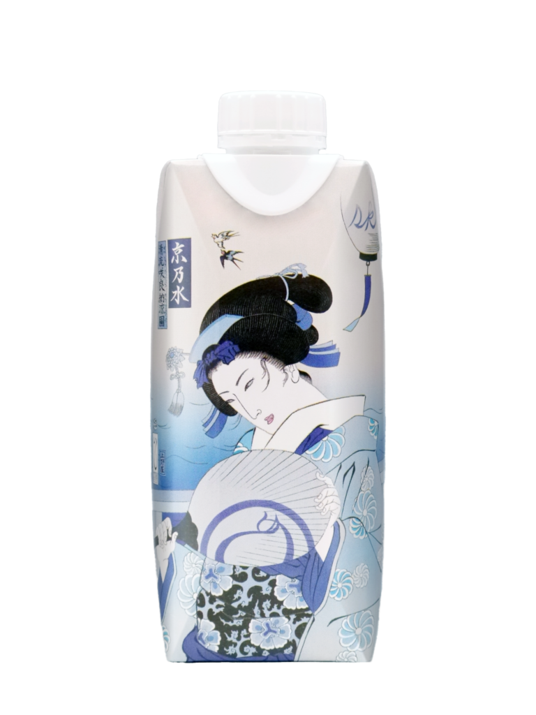 紙容器ミネラルウォーター 京乃水 第二弾『清流咲良納涼図（せいりゅうさくらのうりょうず）』新発売　画家・絵師／石川真澄氏とのコラボレーションデザインのメイン画像
