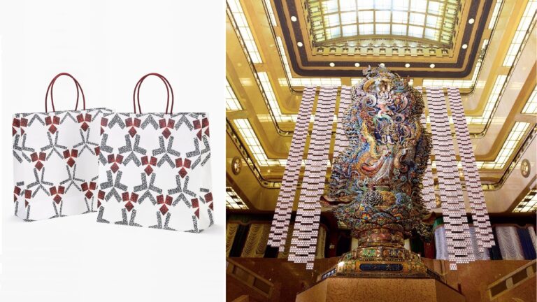 重要無形文化財「友禅」保持者（人間国宝）森口邦彦氏がデザインした三越のショッピングバッグ10周年記念の特別展を開催。ショッピングバッグ約900枚を使用した巨大インスタレーションアートがお目見えのメイン画像